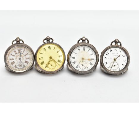 FOUR OPEN FACE POCKET WATCHES, the first round white dial, Roman numerals, seconds subsidiary dial at the six o'clock positio