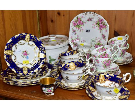 PART TEA SETS ETC, COMPRISING A ROYAL WORCESTER TEACUP, some hand painting with gilt interior, puce backstamp dated 1925, fiv