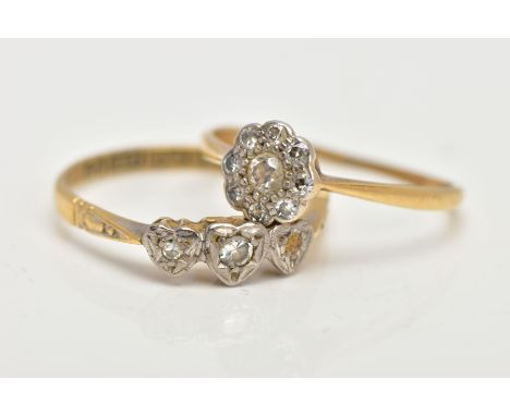 TWO DIAMOND SET RINGS, one floral halo style ring set with nine old cut diamonds in a white metal, leading on to a yellow met