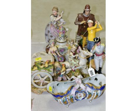 A GROUP OF CONTINENTAL CERAMIC FIGURES, including a pedestal twin handled pot pourri vase and cover, hand painted decoration 