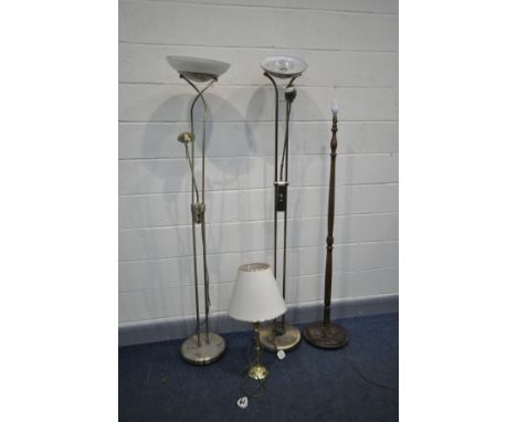 TWO MODERN BRASSED UPLIGHTERS both with an uplight and a flexi light for work illumination, a wooden standard lamp (untested 