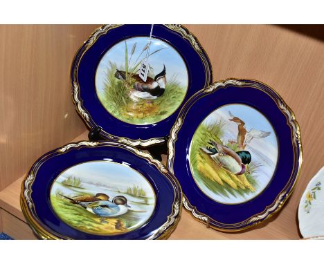 A SET OF SIX SPODE GAME BIRDS PLATES, hand painted by J Woby, V Burndred and L Casewell, comprising Lapwing, Mallard, Pheasan