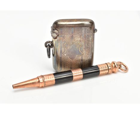 A ROLLED GOLD PROPELLING PENCIL AND A SILVER VESTA, the pencil of an engine turned design, slide out mechanism to reveal the 
