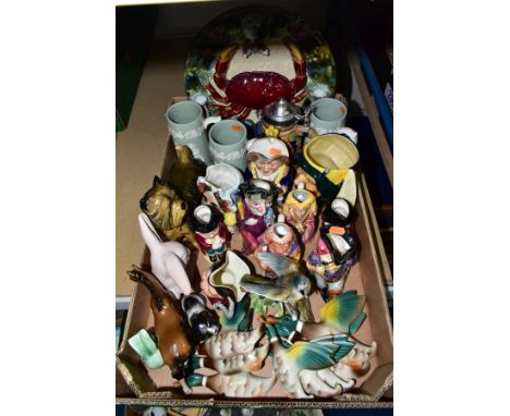 A BOX OF DECORATIVE CERAMICS ETC, to include toby jugs by Shorter and Sons, Burlington, Wain &amp; Sons Melba Ware, Kelsboro 