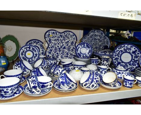 A NINETY FOUR PIECE COALPORT BELFORT PATTERN BLUE AND WHITE DINNER SERVICE, comprising two large trays, a tureen (large chips