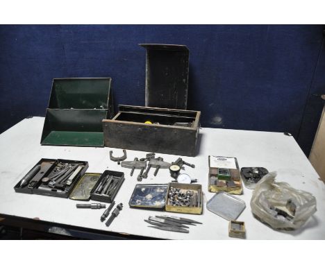 TWO VINTAGE METAL BOXES CONTAINING METAL WORKING TOOLS including a Verdict Dial Gauge, a Baty Dial Gauge, various Thread Cali