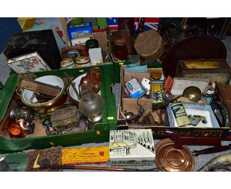 FOUR BOXES OF SUNDRY ITEMS ETC, TO INCLUDE A 19TH CENTURY FRENCH CAST METAL JEWELLERY CASKET, approximate dimensions H9.5cm x