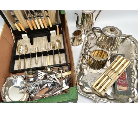 A BOX OF ASSORTED WHITE METAL ITEMS, to include a large rectangular tray fitted with double handles, a four piece EPNS tea se