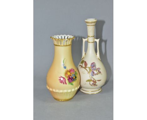 TWO ROYAL WORCESTER BUD/POSY VASES, comprising an ivory ground twin handled baluster vase, decorated with flowers, shape no.9