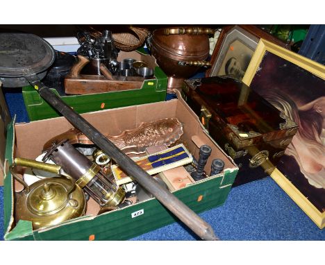 TWO BOXES AND LOOSE METALWARES, PICTURES, JEWELLERY BOX AND SUNDRY ITEMS, to include a copper coal bucket and scoop (crack to