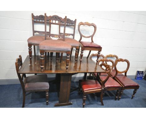 A SET OF SIX VICTORIAN MAHOGANY SPOON BACK CHAIRS, with drop in seat pads, four Edwardian chairs, and an oak gate leg table (