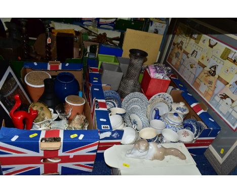 THREE BOXES OF CERAMICS AND GLASS ETC, to include a Nao Angora cat with box, English Ironstone Blue &amp; White plates and sa