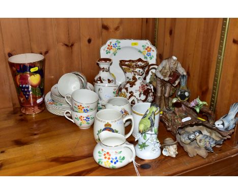 A GROUP OF CERAMIC TEAWARES AND ORNAMENTS, to include a twenty piece Crown Ducal part tea set with hand painted flowers, an O