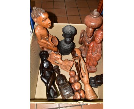 TEN VARIOUS  AFRICAN TRIBAL CARVED WOODEN FIGURES/BUST/ABSTRACT DESIGN ITEMS, height of tallest figure height 40cm, tallest b