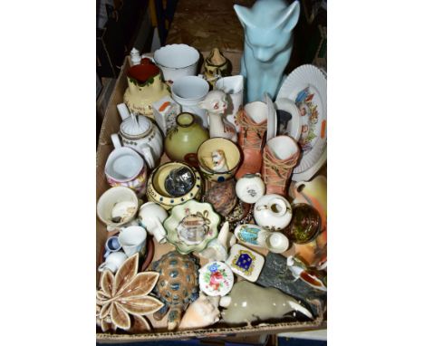 A BOX OF CERAMIC ORNAMENTS, GIFTWARES AND SUNDRY ITEMS, to include a Wade Jem Animal Band figure, a Wade tortoise length 10cm