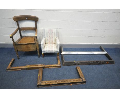 A CHILDS CHAIR with stripped upholstery, a commode armchair, and four various sized fenders (6)