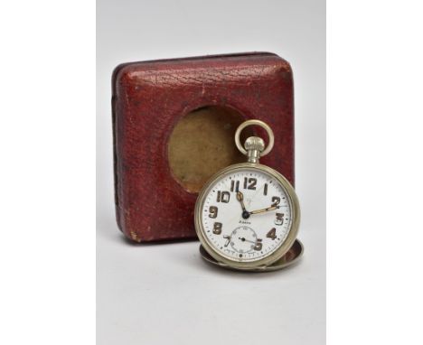AN OPEN FACE POCKET WATCH WITH CASE, the white metal pocket watch with a round white dial signed '8 days' (hair lines cracks 
