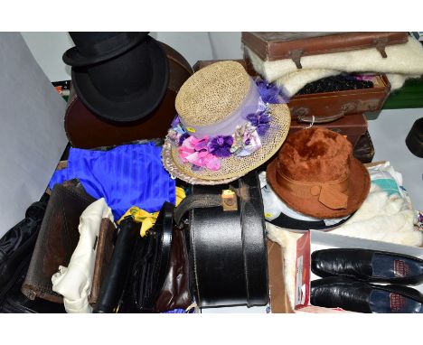 A QUANTITY OF COSTUME, TEXTILES, HATS, BAGS AND CASES, to include a bowler hat bearing size label 6 7/8, another unsized but 