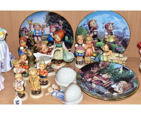 A COLLECTION OF HUMMEL CERAMIC FIGURES AND COLLECTORS PLATES, ETC, including figures titled 'Pigtails', 'Too shy to sing', 'H