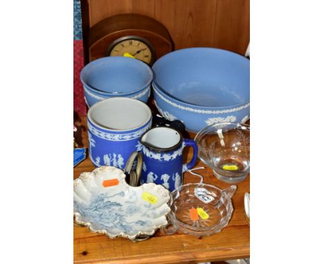 A GROUP OF CERAMICS, GLASSWARES, A CLOCK AND A PAIR OF OPERA GLASSES, comprising a Taylor Tunnicliffe and Co scalloped rimmed