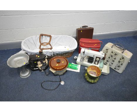 A QUANTITY OF OCCASSIONAL FURNITURE to include a wicker carry cot, ceramic pot, small metal jardinière, briefcase, Antler lug