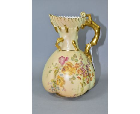 A ROYAL WORCESTER BLUSH IVORY JUG, with fluted rim stylised bark handle and hand painted floral decoration, puce mark to base