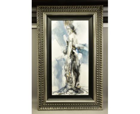 ANNA RAZUMOVSKAYA (RUSSIAN CONTEMPORARY) 'IN MY SOUL 2', a full length portrait of a female figure holding a saxophone, signe