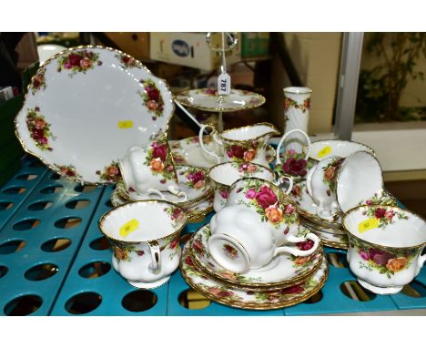 A ROYAL ALBERT OLD COUNTRY ROSES TEASET, ETC, comprising a two tier cake stand, a cake/sandwich plate, milk jug, sugar bowl, 