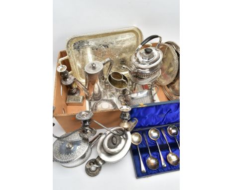 A BOX OF ASSORTED WHITE METAL WARE, to include a four piece tea service set comprising of teapot, coffee pot, sugar bowl and 