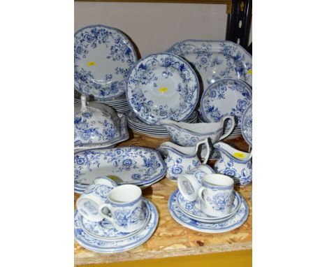 A FIFTY PIECE SPODE LAURA ASHLEY CLIFTON DINNER SERVICE, with blue and white floral printed pattern comprising a tureen (chip