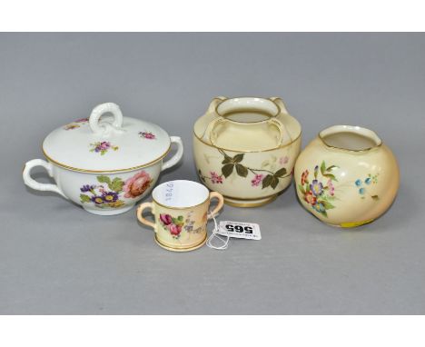 FOUR PIECES OF ROYAL WORCESTER, comprising a miniature blush ivory loving cup, puce backstamp, height 4cm, a four handled foo