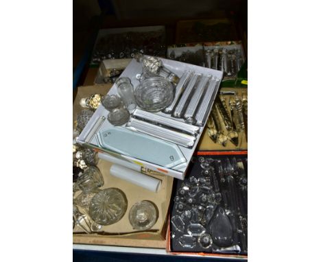 FIVE BOXES OF VINTAGE GLASS PARTS, to include vintage mainly clear crystal lustre and similar drops of varied lengths and sty