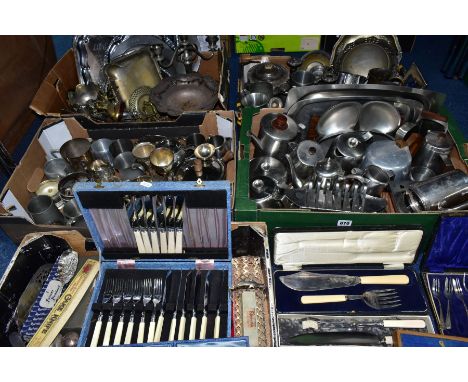 FIVE BOXES OF METAL WARES TO INCLUDE OLD HALL STAINLESS STEEL TEAWARES ETC, teapots, coffee pots, milk jugs, sugar bowls, toa
