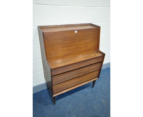 RICHARD HORNBY FOR FYNE LADYE, A MID-CENTURY AFROMOSIA BUREAU, the fall front enclosing a fitted interior, above three reed f