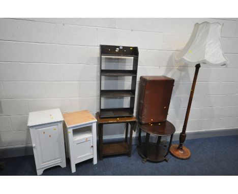 A SELECTION OF OCCASIONAL FURNITURE, to include an oak open bookcase, two painted pot cupboards, drop leaf occasional furnitu