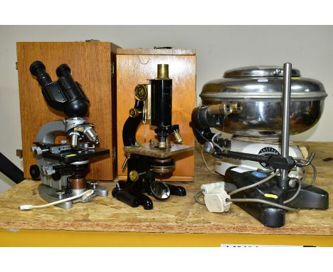 TWO CASED MICROSCOPES, AN UNBOXED MICROSCOPE AND A CENTRIFUGE, comprising a W Watson &amp; Sons Service model microscope, sta