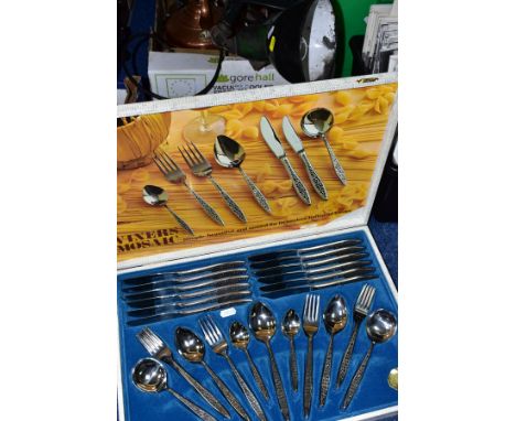A BOX AND LOOSE METALWARES, TOOLS, KITCHENALIA AND SUNDRY ITEMS, to include a canteen of Viners Mosaic cutlery (appears in ve