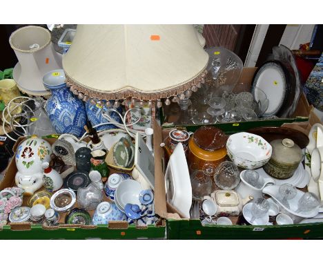 THREE BOXES AND LOOSE CERAMICS, GLASS, ETC, including Wedgwood bone china Wild Strawberry pattern twin handled platter and an