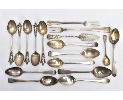 A SELECTION OF SILVER CUTLERY, to include seven old English pattern Georgian teaspoons, a set of five foliate detailed teaspo