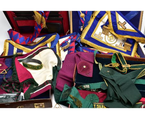 FOUR BOXES OF MASONIC REGALIA AND FOUR BRIEFCASES WITH ITEMS, to include a variety of aprons, a cloak, wallets, sashes, ties,