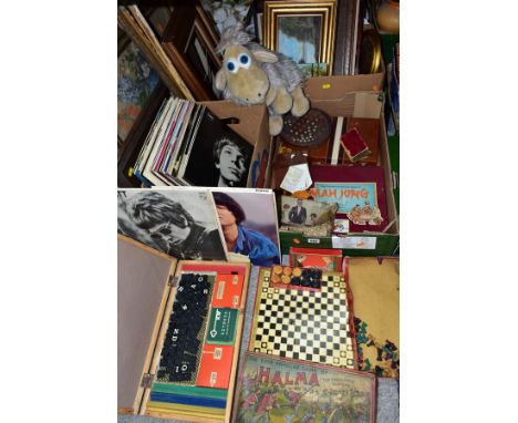 THREE BOXES AND LOOSE VINTAGE GAMES, LP RECORDS AND PICTURES ETC, to include LPs by The Walker Brothers, Scott Walker, Sonny 