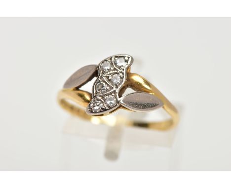 AN 18CT GOLD DIAMOND RING, designed with six milgrain set, single cut diamonds, bifurcated leaf detailed shoulders leading on