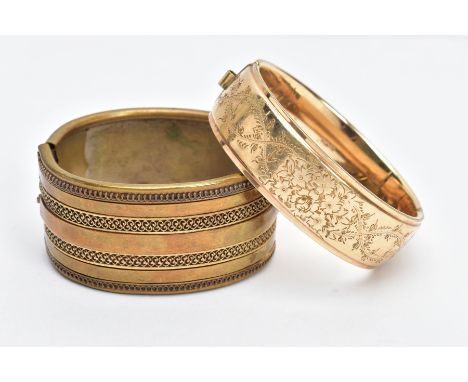 A ROLLED GOLD BANGLE AND ONE OTHER, the rolled gold bangle with a floral design to one side, fitted with a push pin clasp, si
