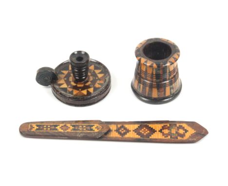 Tunbridge ware - three pieces comprising a turned stickware vesta with striker base, 3.2cm, a miniature rosewood sealing wax 