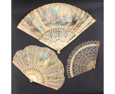 Three 19th Century fans, comprising a mid 19th Century example with figural carved and pierced ivory guards and sticks, the l