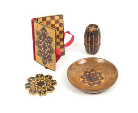 Tunbridge ware - sewing - four pieces  comprising an oak pin dish with mosaic circular panel, 7cm, a stickware barrel form th