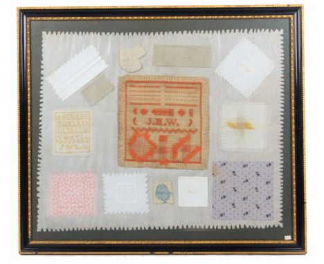 A group of samplers and sample pieces by 'J.M. Waites', mounted on glazed linen comprising an alphabet sampler, 12 x 10cm, an