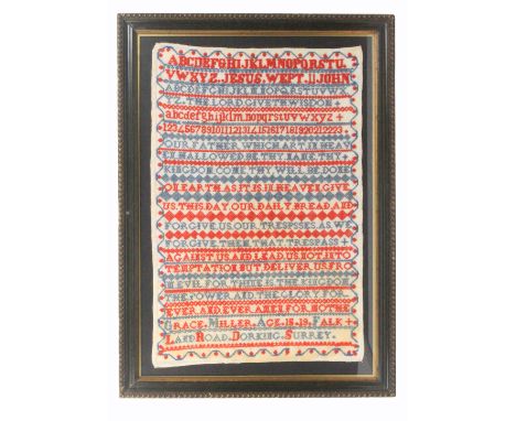 Two large samplers, the first circa 1880/1900 'For Mother Grace Miller Age 15, 19 Falkland Road, Dorking, Surry', worked in b