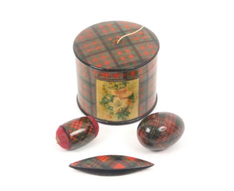 Tartan ware - sewing - four pieces, comprising a metal shuttle (McDuff), 7cm, a double ended girdle pin cushion (McBeth), 4cm