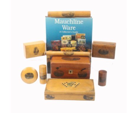 Mauchline and related wares - nine pieces and a reference book  comprising a needle cylinder (Hastings Pier), 19cm, a cylinde